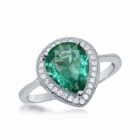 Sterling Silver CZ Border Teardrop Emerald Ring - W-1757