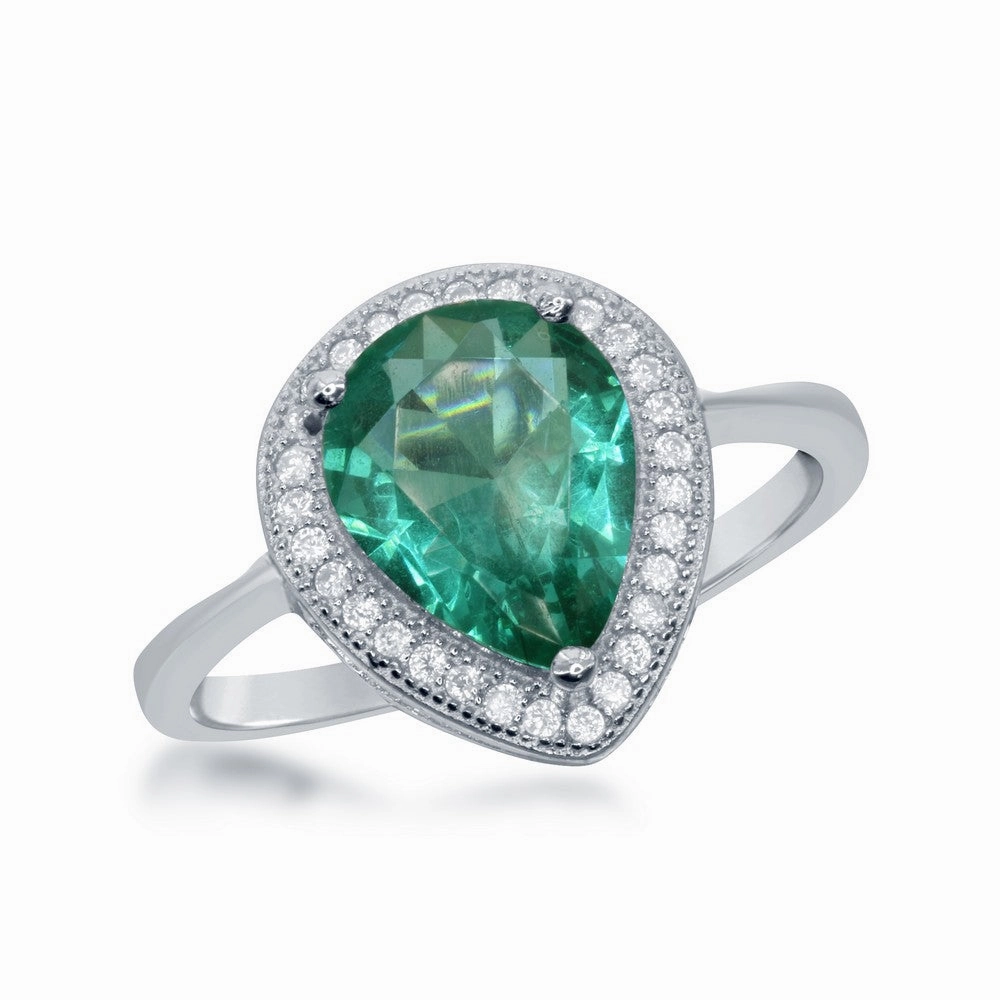 Sterling Silver CZ Border Teardrop Emerald Ring - W-1757