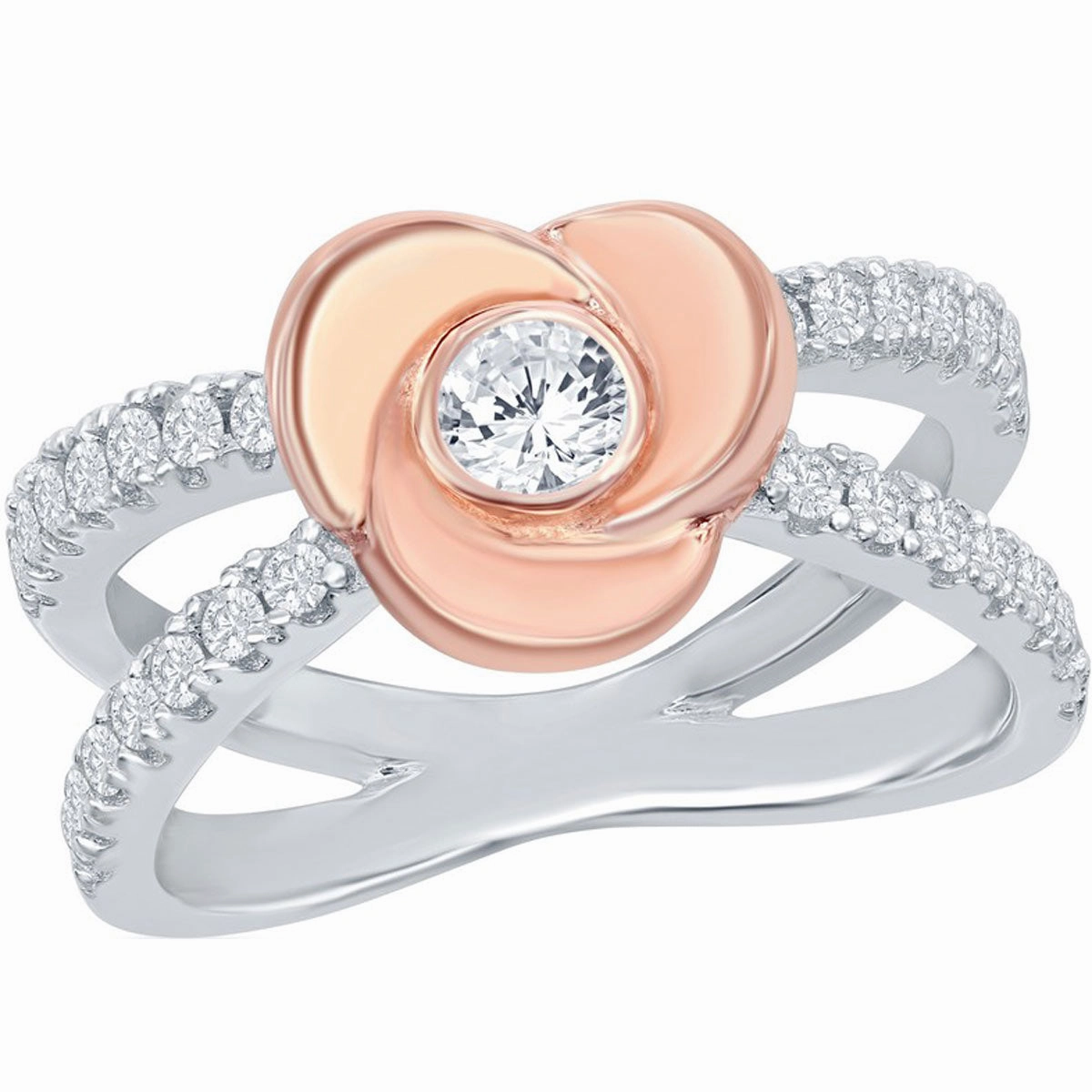 Sterling Silver Flower Micro Pave Open Band Ring - W-2034