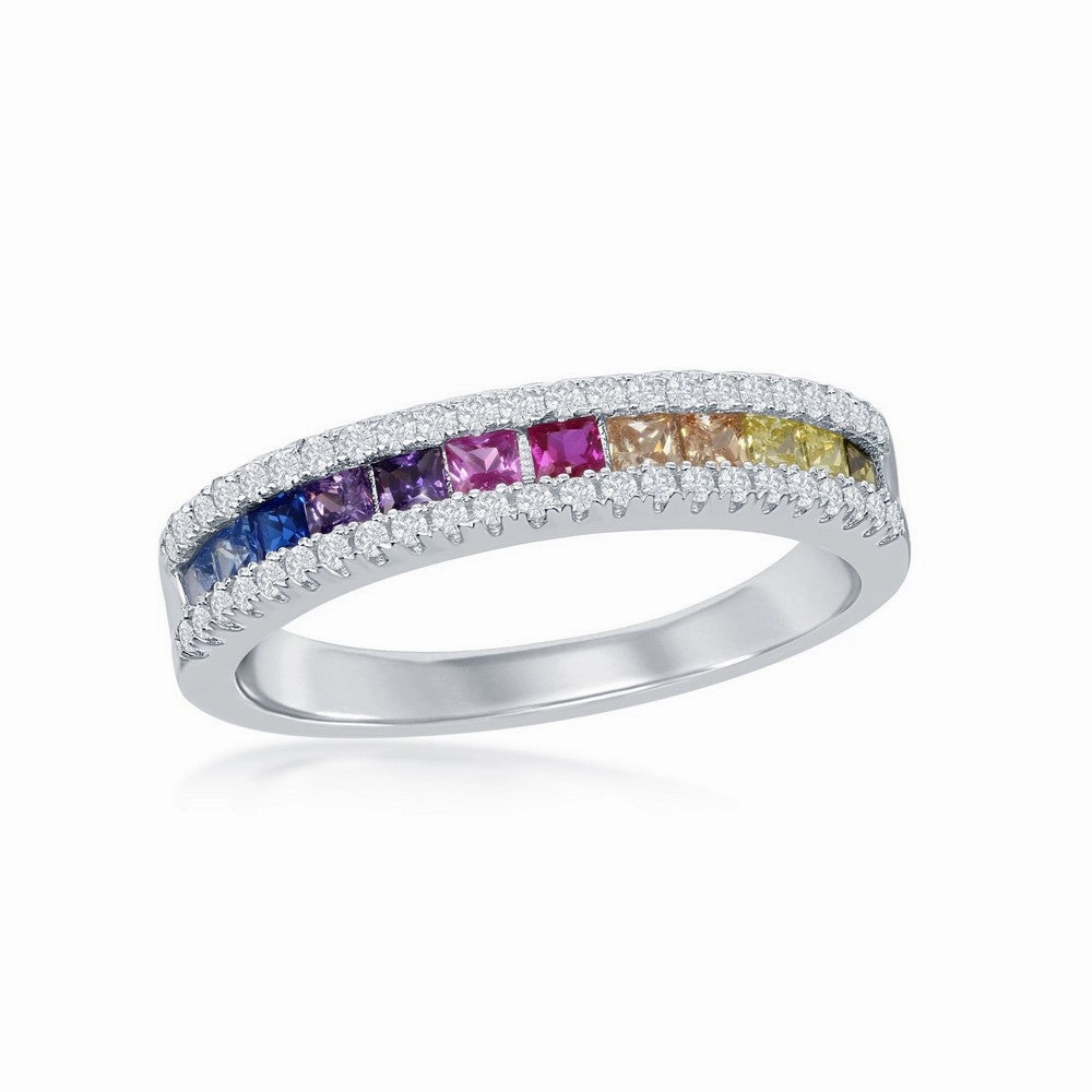 Sterling Silver Half Channel-Set Rainbow CZ Ring - W-2137