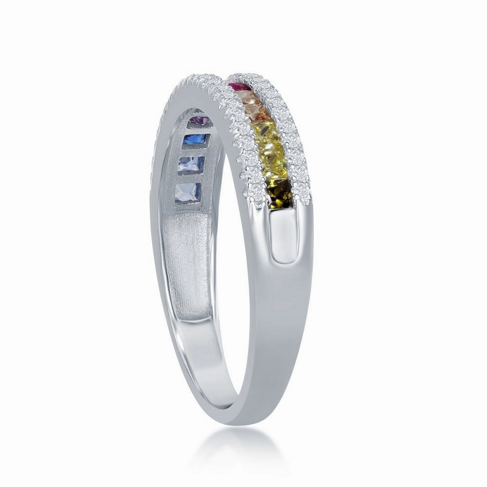 Sterling Silver Half Channel-Set Rainbow CZ Ring - W-2137
