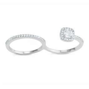Sterling Silver Open Square Double Finger CZ Ring - W-1610