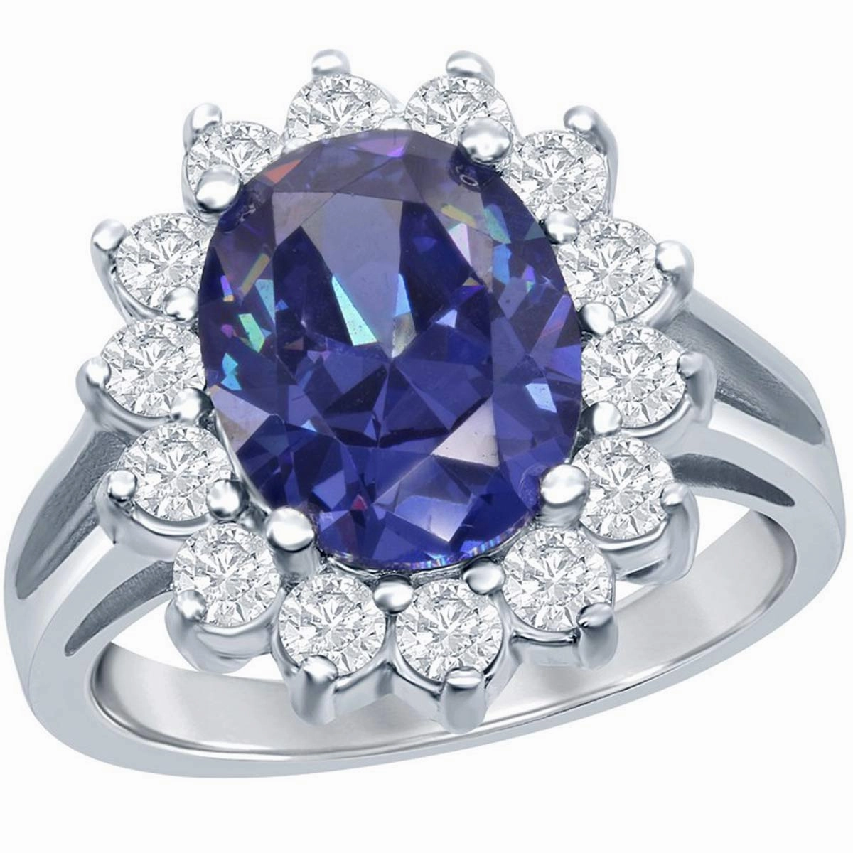Sterling Silver Oval Tanzanite CZ with CZ Border Ring - W-1317