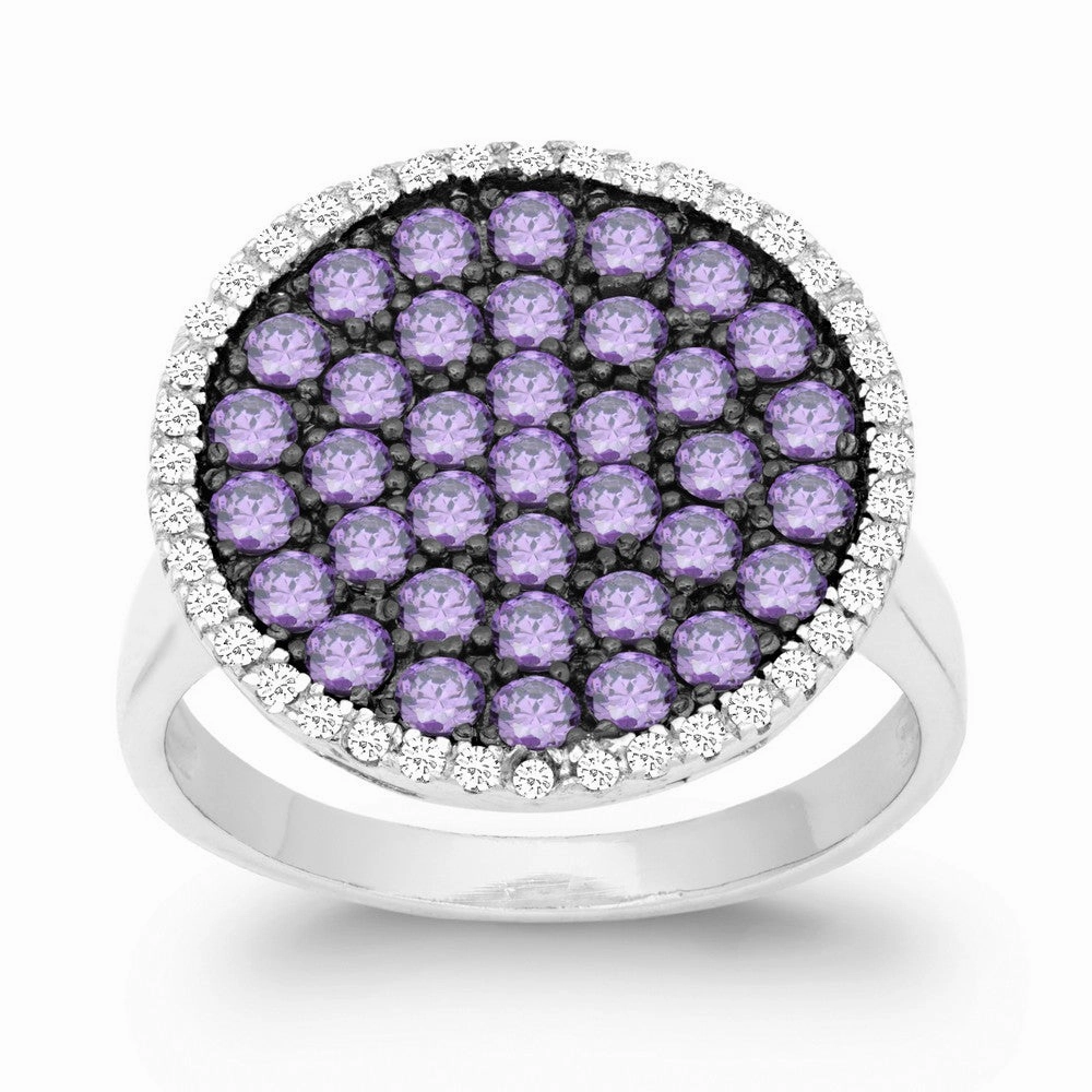 Sterling Silver Purple CZ Black Rhodium Round Ring - W-9873