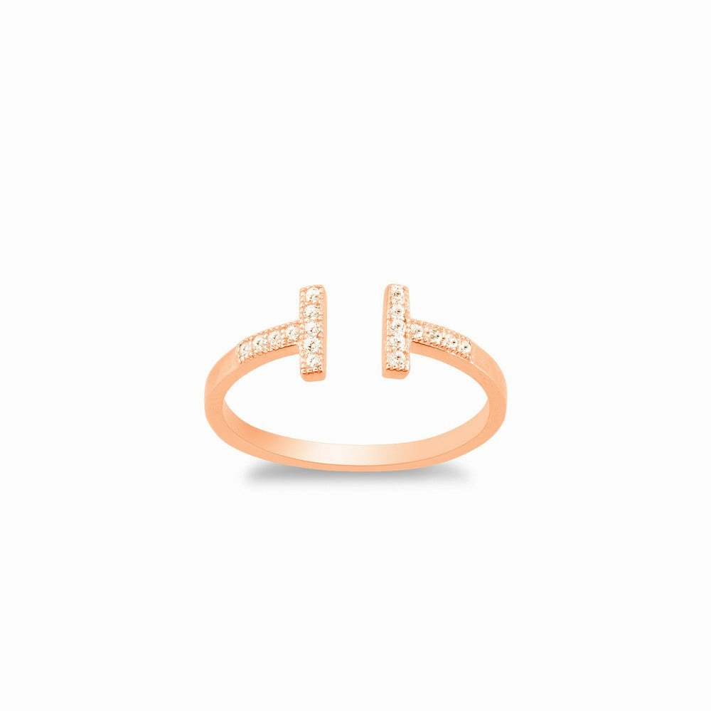 Sterling Silver Rose Gold Plated CZ Double T Ring - W-1320