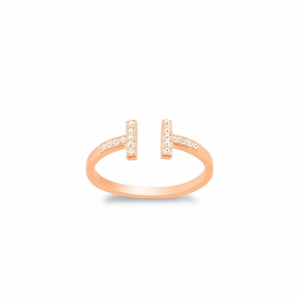 Sterling Silver Rose Gold Plated CZ Double T Ring - W-1320