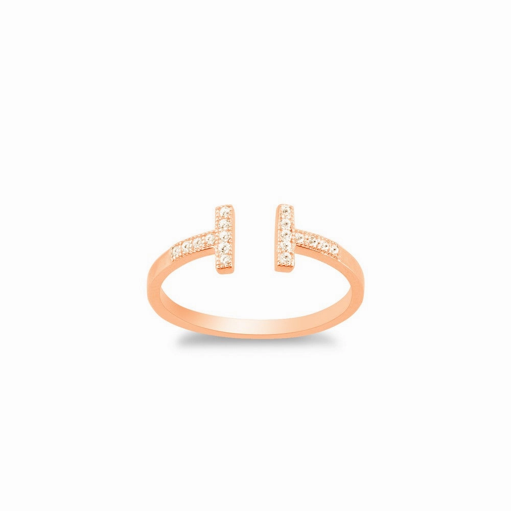 Sterling Silver Rose Gold Plated CZ Double T Ring - W-1320