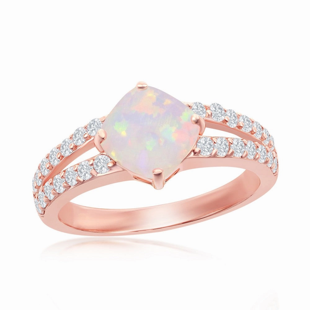 Sterling Silver Rose GP Diamond-Shaped Opal CZ Ring - W-2261