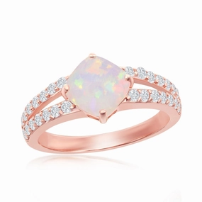 Sterling Silver Rose GP Diamond-Shaped Opal CZ Ring - W-2261