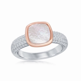 Sterling Silver Rose GP Square MOP Micro Pave Band Ring - W-2044