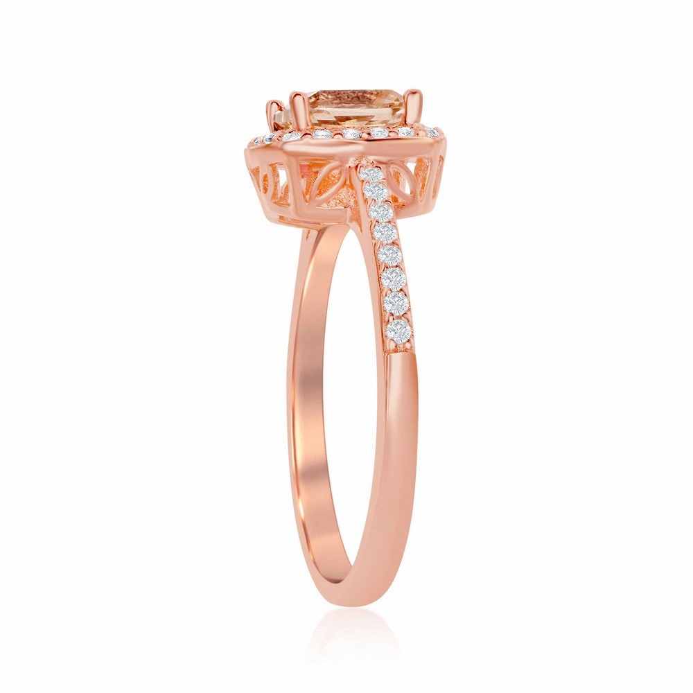 Sterling Silver Rose GP Square Morganite CZ Ring - W-1936
