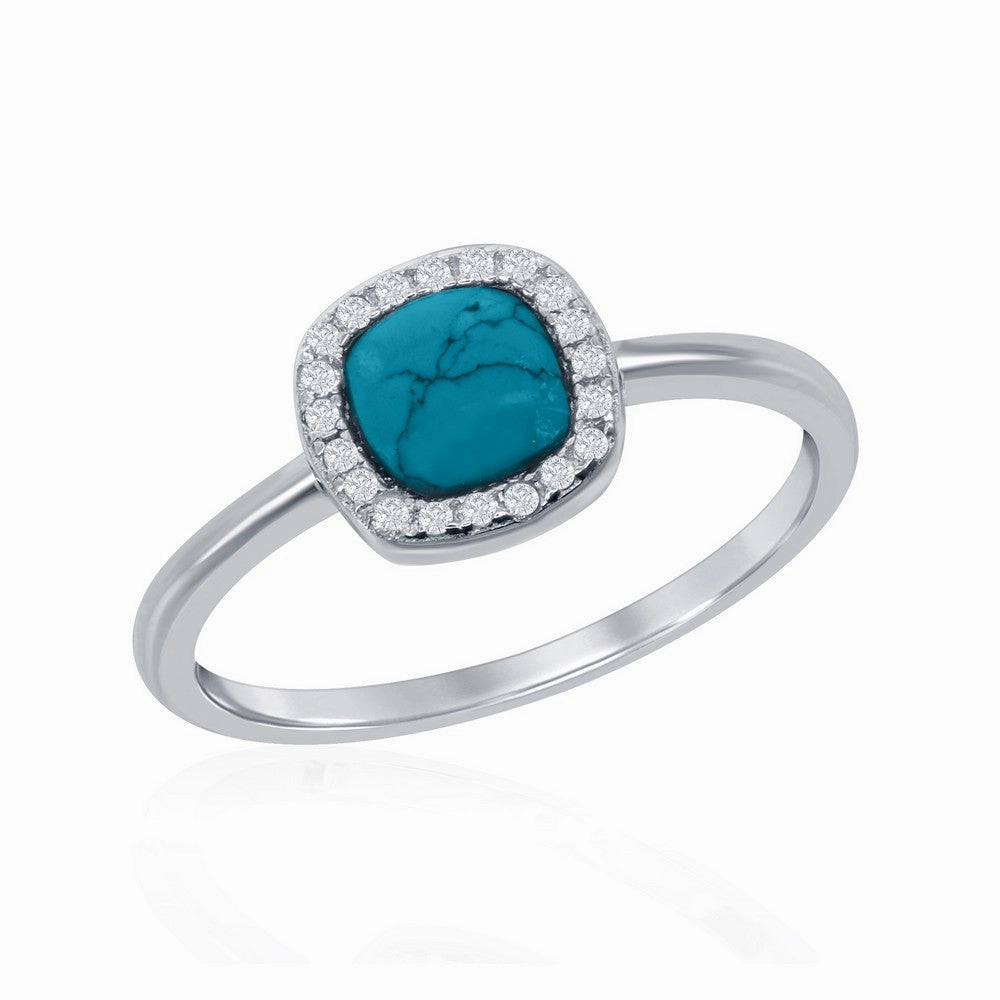 Sterling Silver Square Turquoise with CZ Ring - W-1595