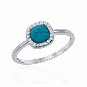 Sterling Silver Square Turquoise with CZ Ring - W-1595