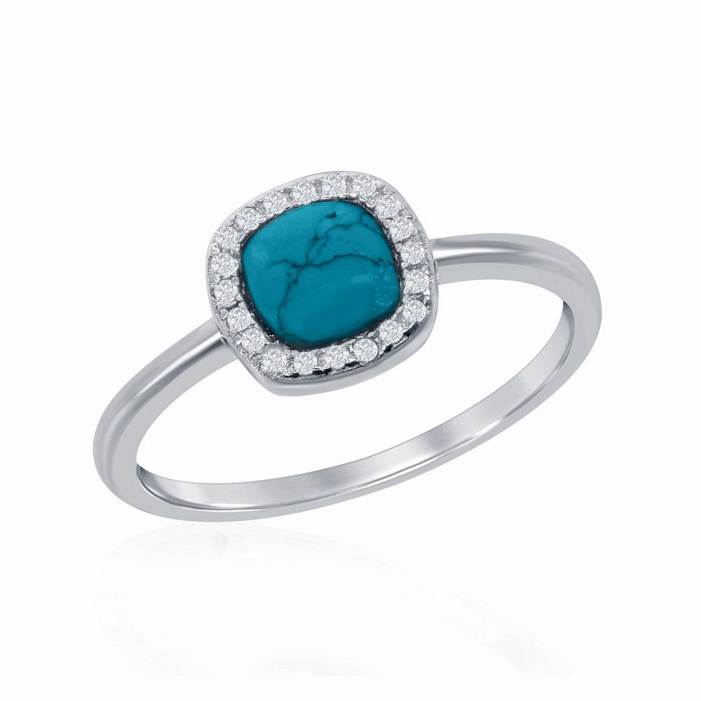 Sterling Silver Square Turquoise with CZ Ring - W-1595