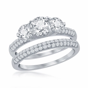 Sterling Silver Three-Stone Engagement Ring Set - W-2413
