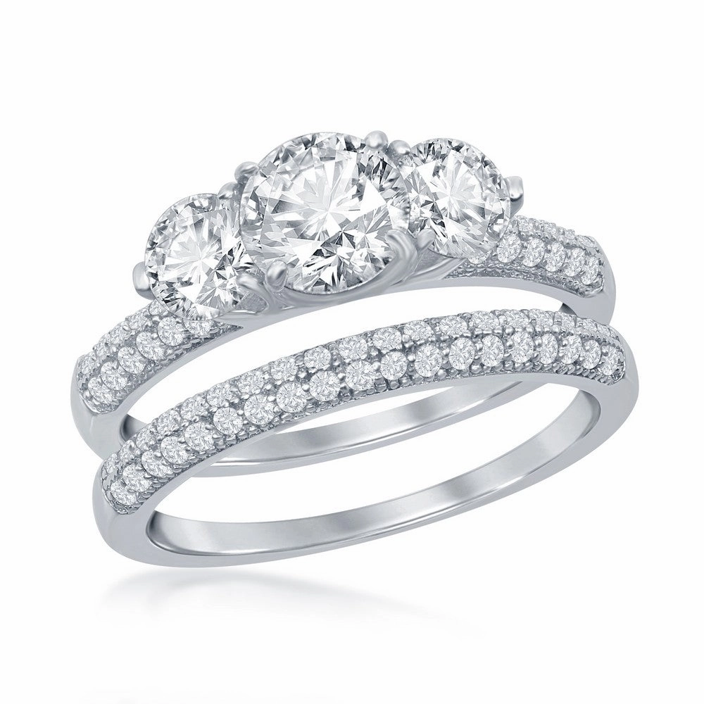Sterling Silver Three-Stone Engagement Ring Set - W-2413