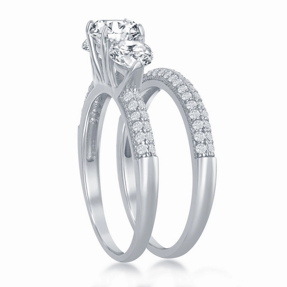 Sterling Silver Three-Stone Engagement Ring Set - W-2413