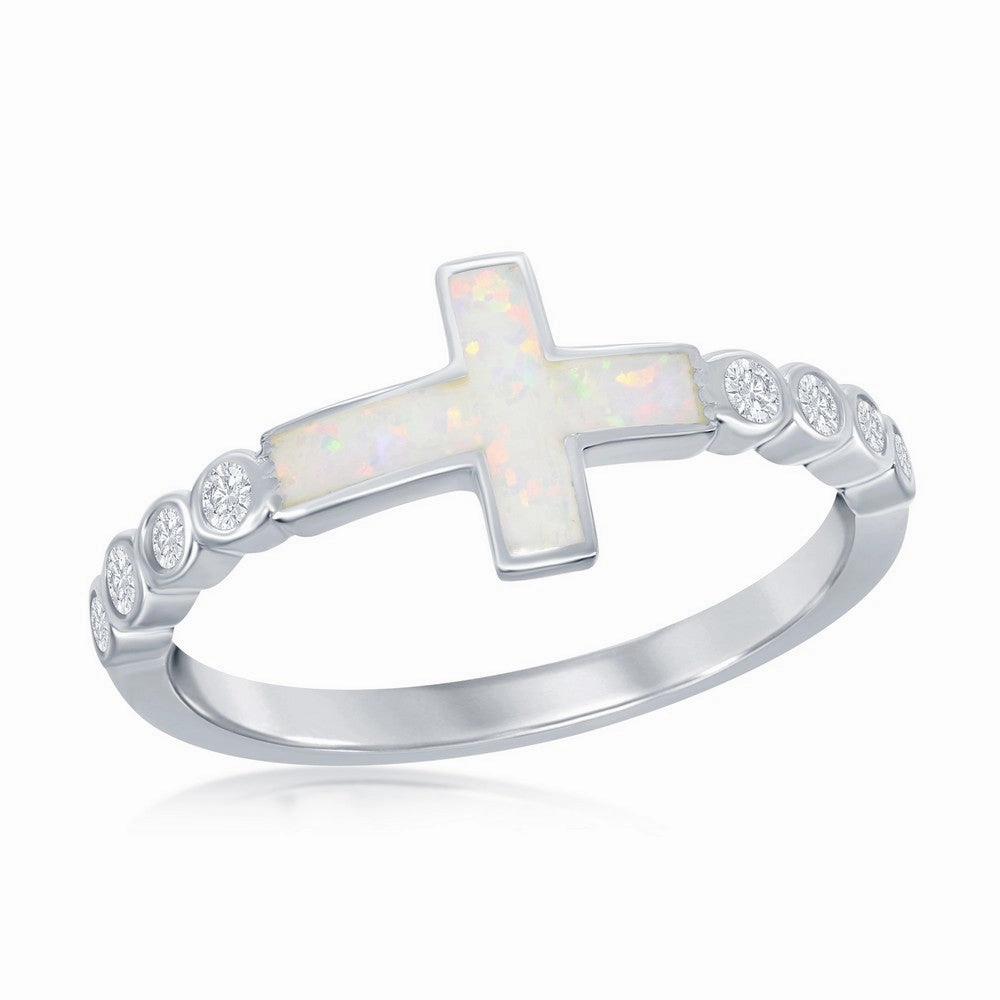 Sterling Silver White Inlay Opal Cross Half CZ Ring - W-2259