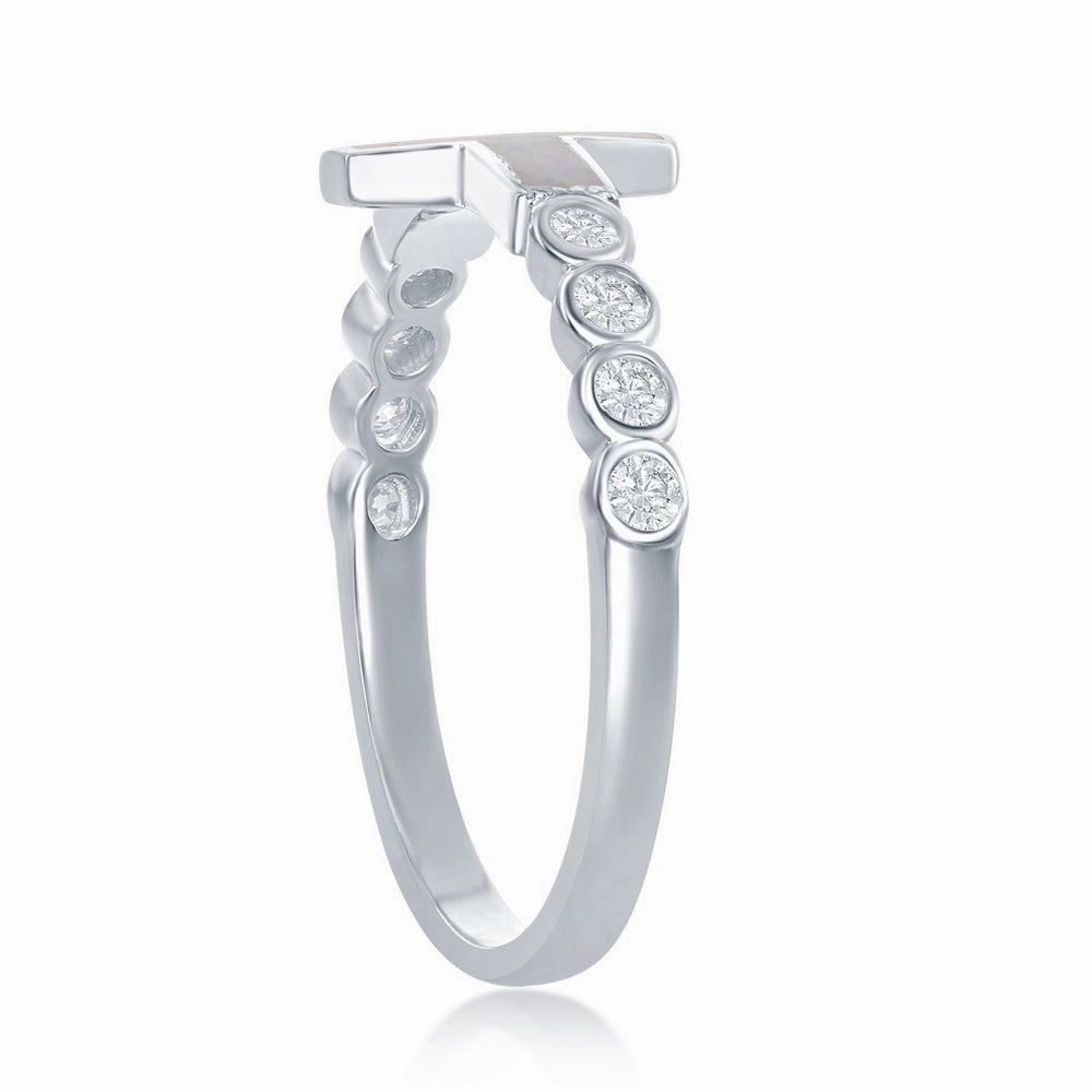 Sterling Silver White Inlay Opal Cross Half CZ Ring - W-2259