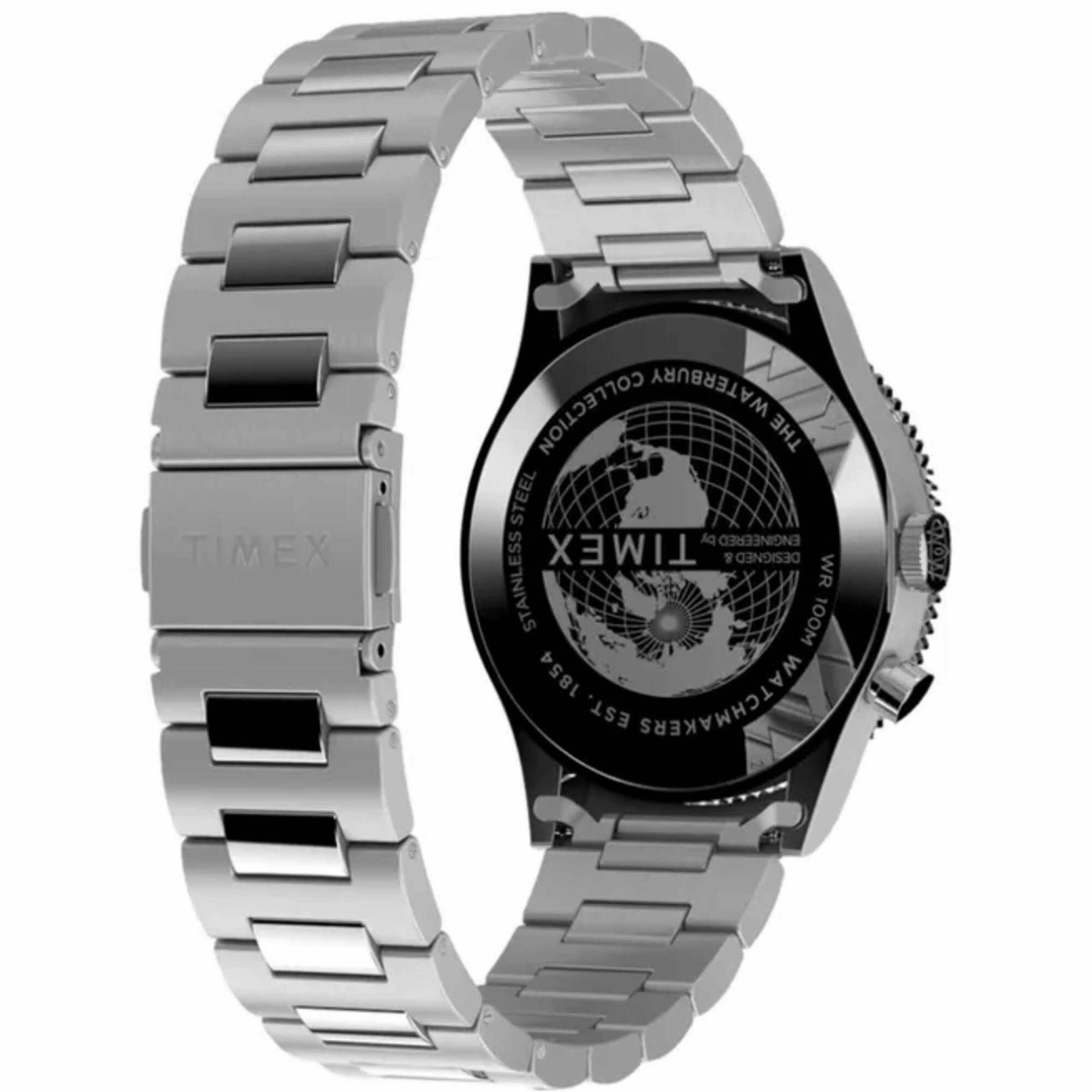 Timex Men's Watch - Waterbury Quartz GMT Black Dial Silver Tone Bracelet | TW2W22700VQ