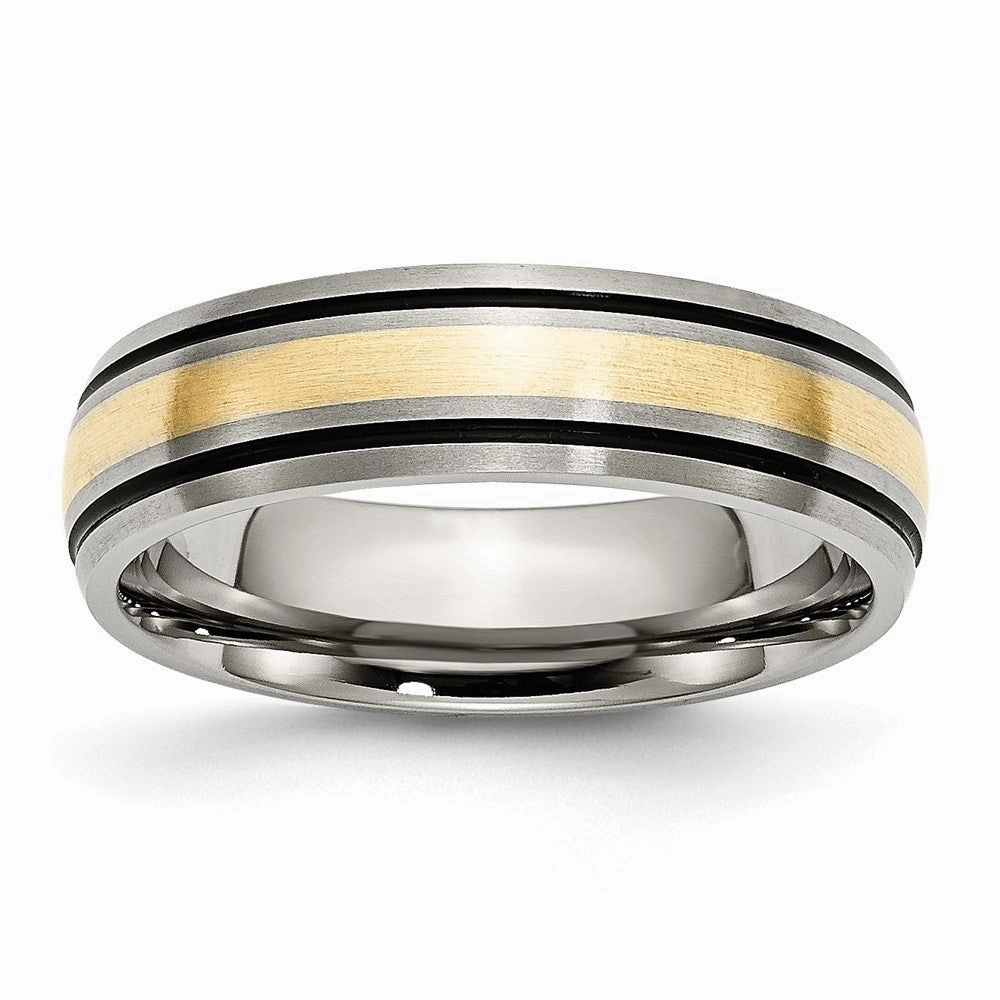 Titanium Grooved 14k Yellow Inlay 6mm Brushed and Antiqued Band | TB108