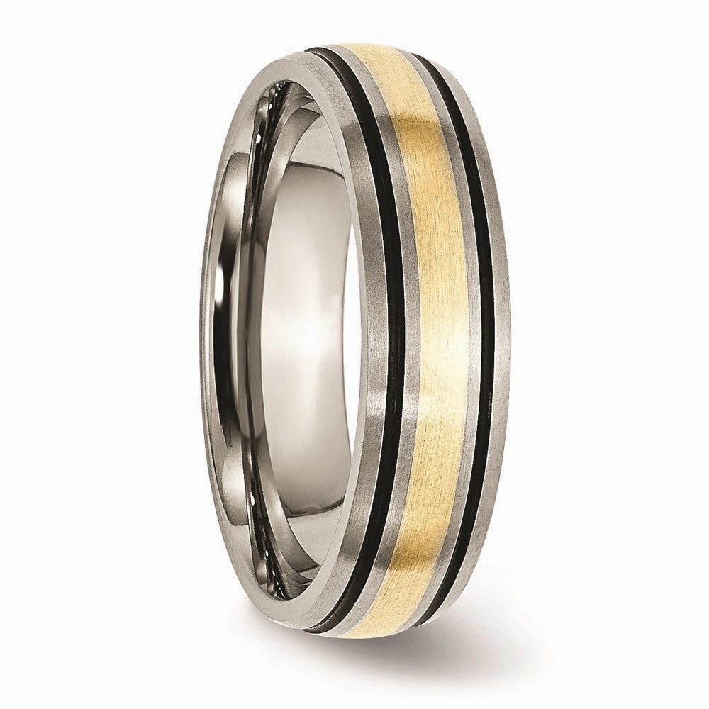 Titanium Grooved 14k Yellow Inlay 6mm Brushed and Antiqued Band | TB108