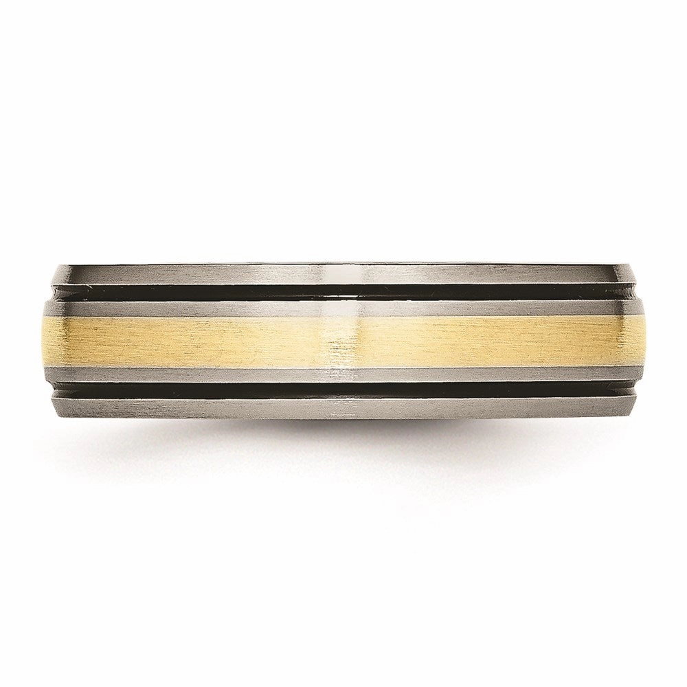 Titanium Grooved 14k Yellow Inlay 6mm Brushed and Antiqued Band | TB108