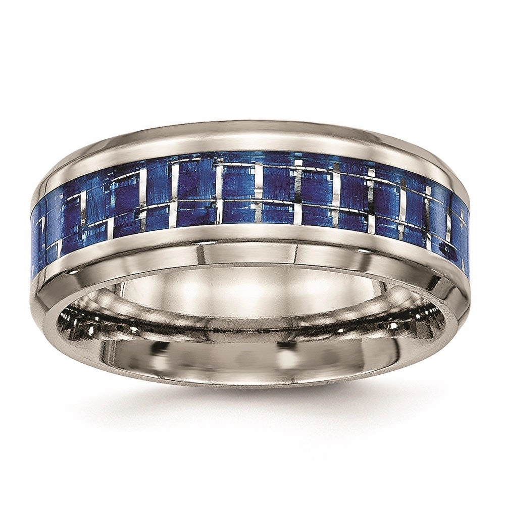 Titanium Polished Blue/White Carbon Fiber Inlay Ring | TB465