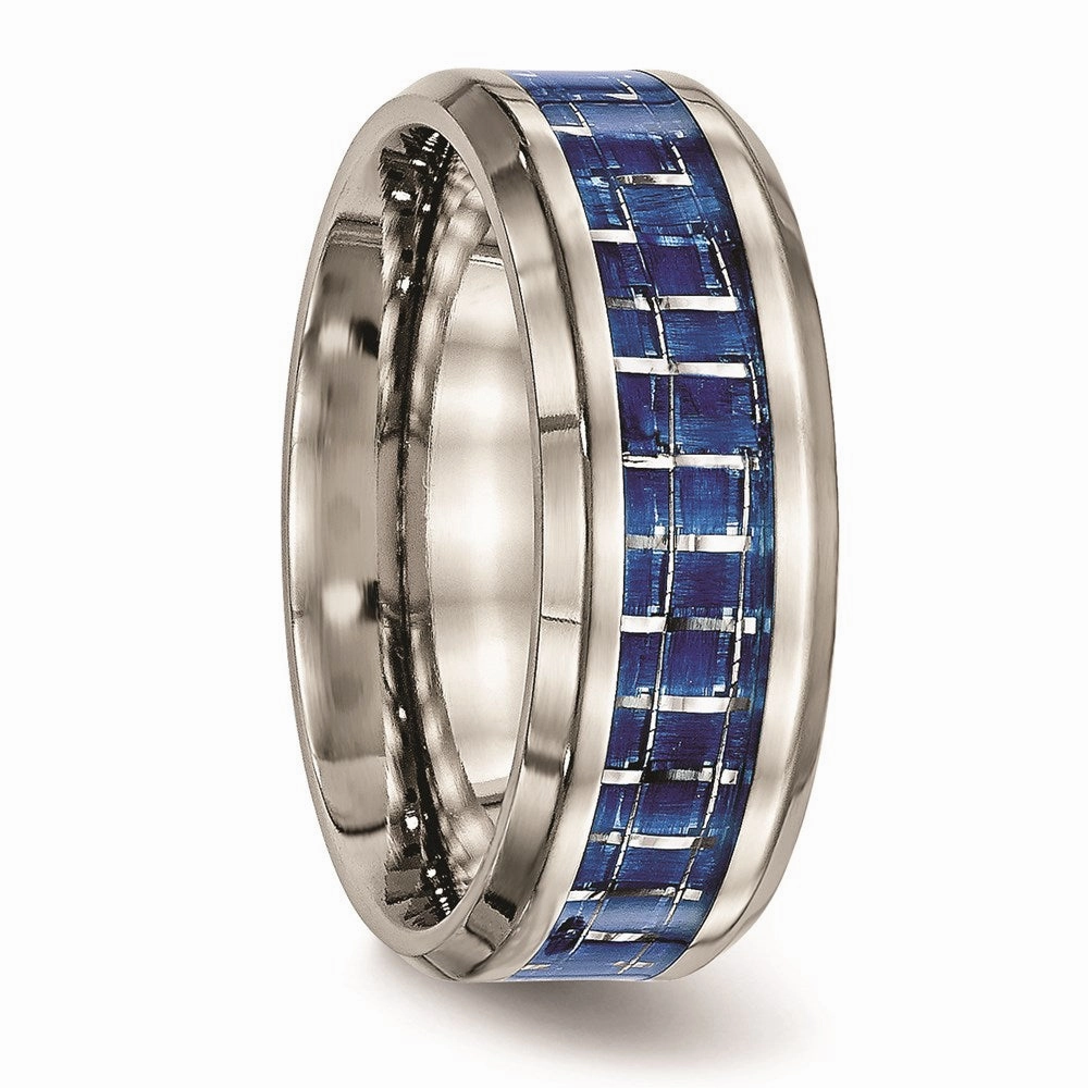Titanium Polished Blue/White Carbon Fiber Inlay Ring | TB465